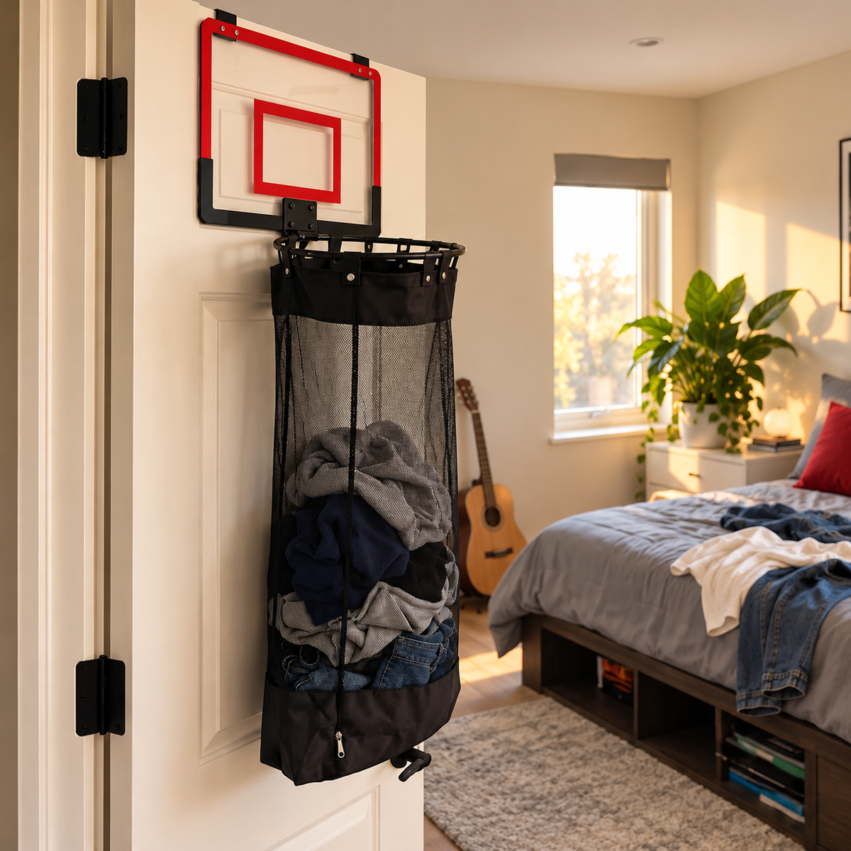 Canasta para la ropa en la puerta de un dormitorio juvenil